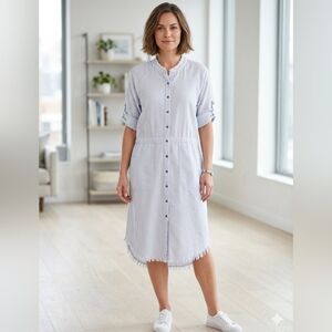 Judith March Blue & White Striped Frayed Hem Roll-Tab Sleeve Tunic